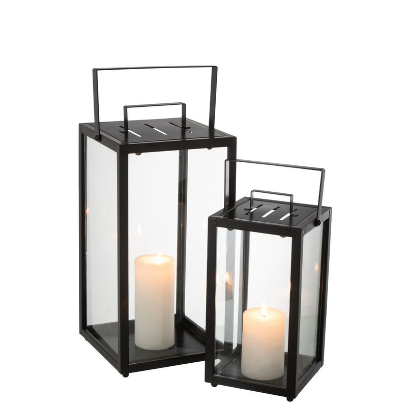J-Line Set Van 2 Lantaarnen Rechthoekig Alo Ijzer/Glas Zwart - Chic Choice