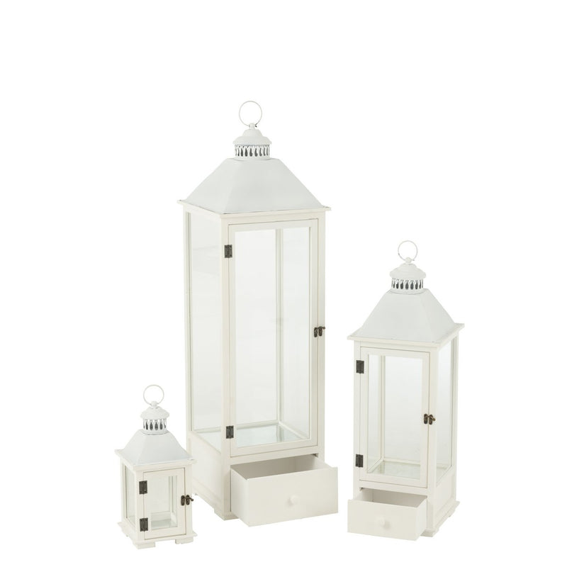 J-Line Set Van Drie Lantaarns Torens Sparhout/Metaal Wit - Chic Choice