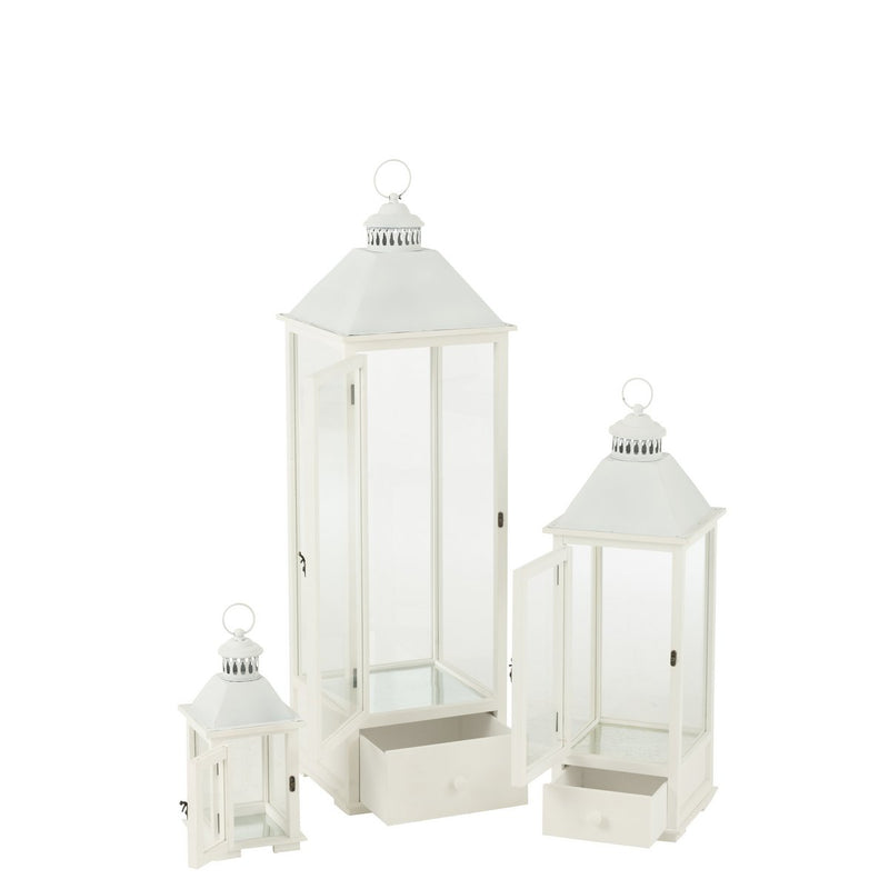 J-Line Set Van Drie Lantaarns Torens Sparhout/Metaal Wit - Chic Choice