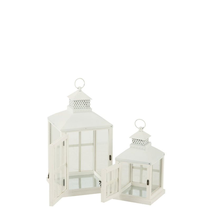 J-Line Set Van Twee Lantaarns Huizen Sparhout/Metaal Wit - Chic Choice