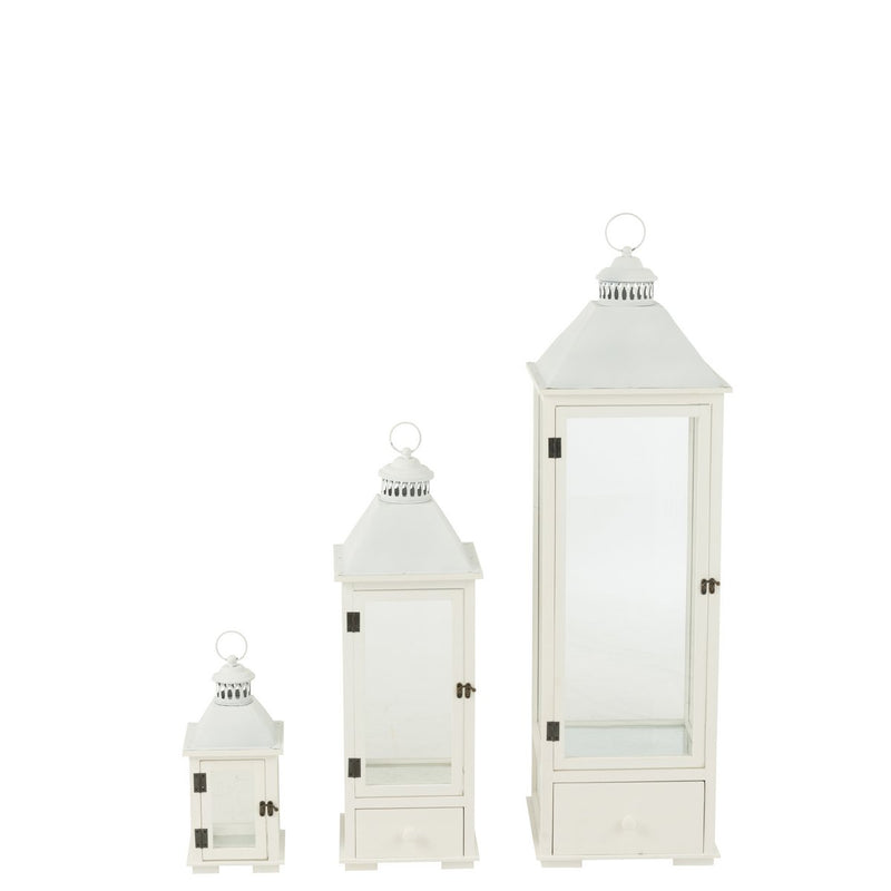 J-Line Set Van Drie Lantaarns Torens Sparhout/Metaal Wit - Chic Choice