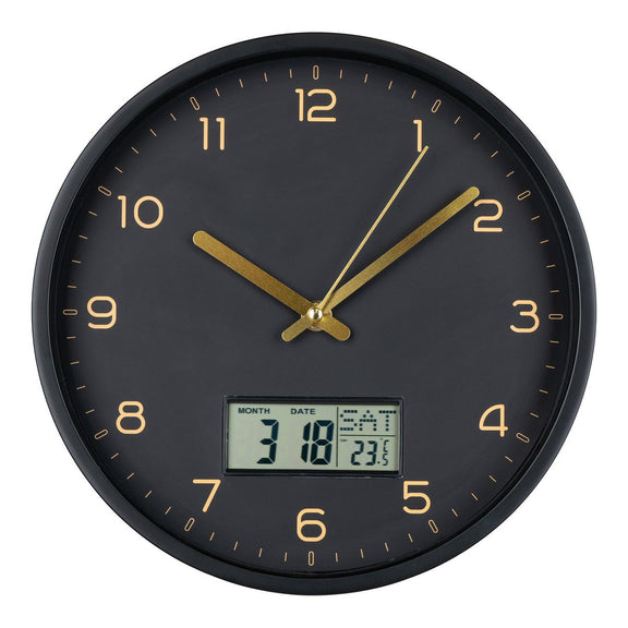 Amiens Wandklok - Zwart, Kunststof, Glas, LCD, Ø25cm - Chic Choice
