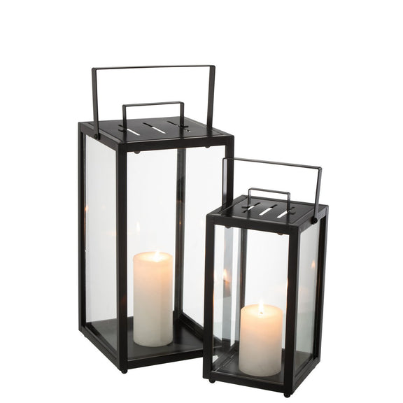 J-Line Set Van 2 Lantaarnen Rechthoekig Alo Ijzer/Glas Zwart - Chic Choice