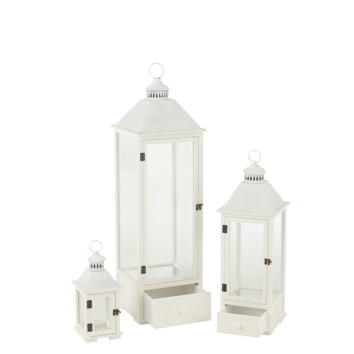 J-Line Set Van Drie Lantaarns Torens Sparhout/Metaal Wit - Chic Choice