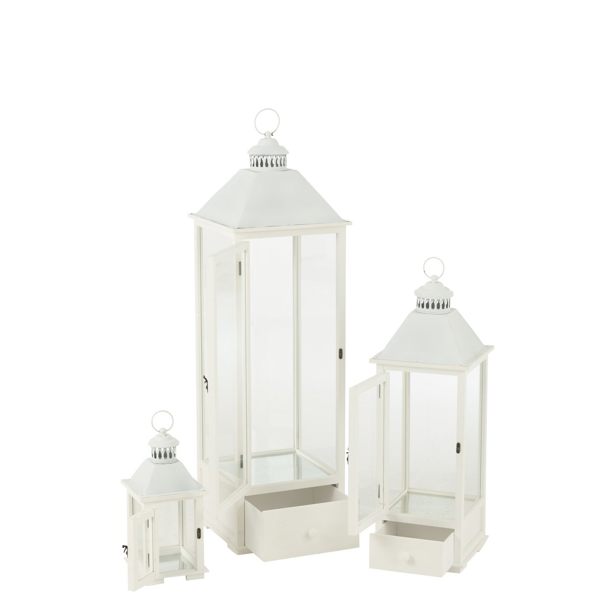 J-Line Set Van Drie Lantaarns Torens Sparhout/Metaal Wit - Chic Choice