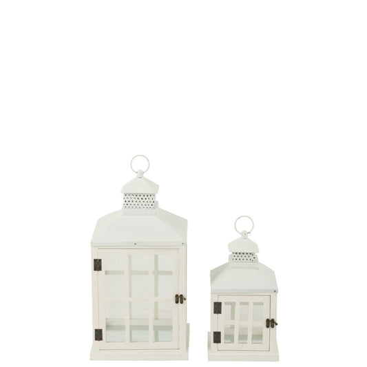 J-Line Set Van Twee Lantaarns Huizen Sparhout/Metaal Wit - Chic Choice