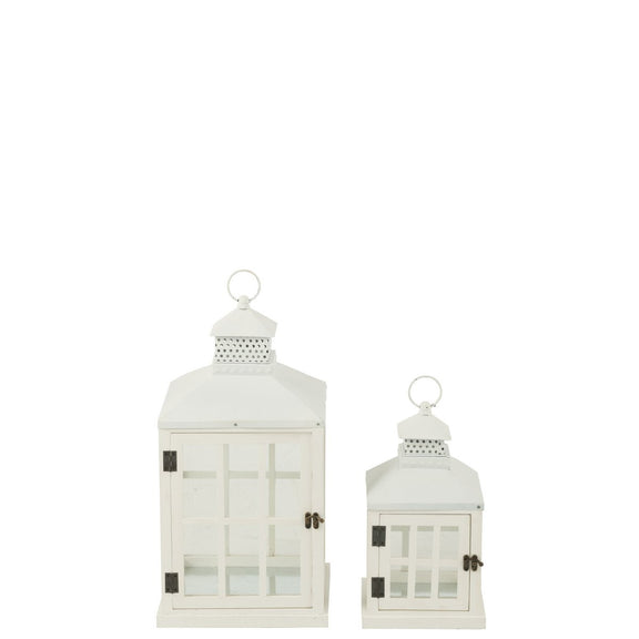 J-Line Set Van Twee Lantaarns Huizen Sparhout/Metaal Wit - Chic Choice