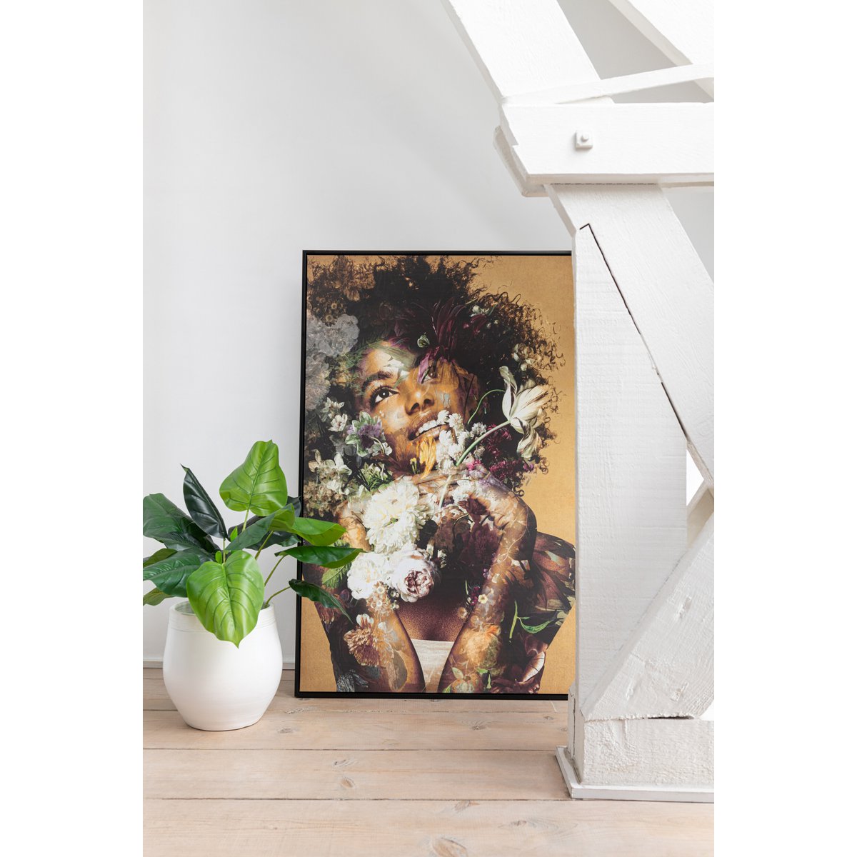 J-Line Kader Vrouw Bloemen Canvas/Hout Mix - Chic Choice