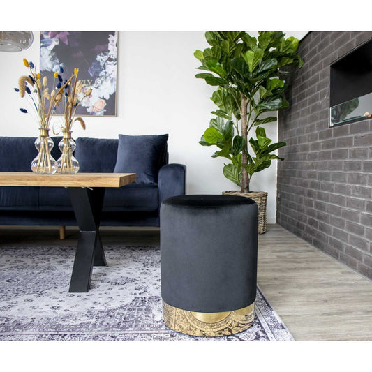 Gamby Poef - Fluweel, Staal, Zwart - Ø34x43 cm - Chic Choice