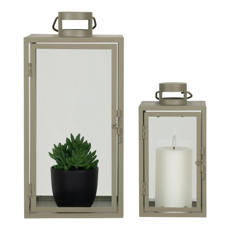 Corfu Lantaarns - Groen, Staal, Glas, 13/19.5x13/19.5x25.5/40 cm - Set van 2 - Chic Choice