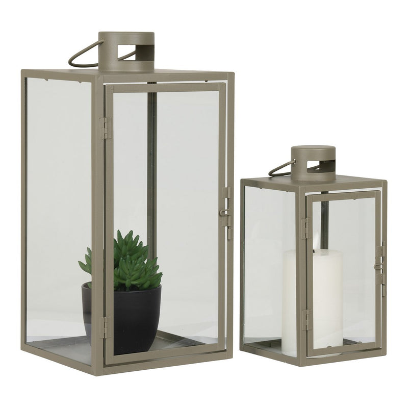 Corfu Lantaarns - Groen, Staal, Glas, 13/19.5x13/19.5x25.5/40 cm - Set van 2 - Chic Choice